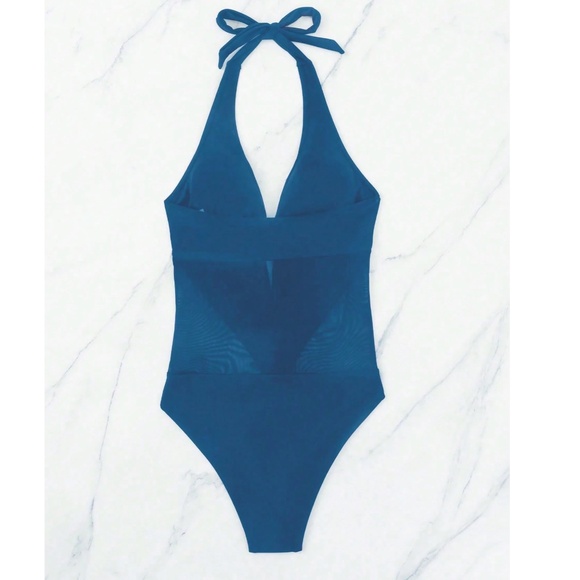 Teal Cut out Semi Sheer Halter Neck Monokini One Piece Swimsuit - Picture 4 of 8